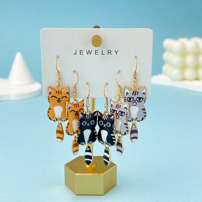 3 Pairs New Fun and Cute Enamel Alloy Hanging Tail Cat Dangle Earrings Colored Cat Ear Jewelry Set Lovely Gift For Women Girls