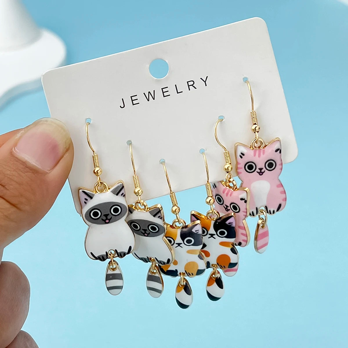 3 Pairs New Fun and Cute Enamel Alloy Hanging Tail Cat Dangle Earrings Colored Cat Ear Jewelry Set Lovely Gift For Women Girls