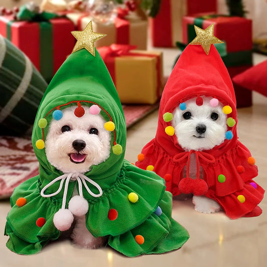 Christmas Outfit Pet Cloak with Hat with Star and Pompoms Puppy Cape Clothes Xmas Tree Elf Costumes Party Cat Dogs Pet Supplies