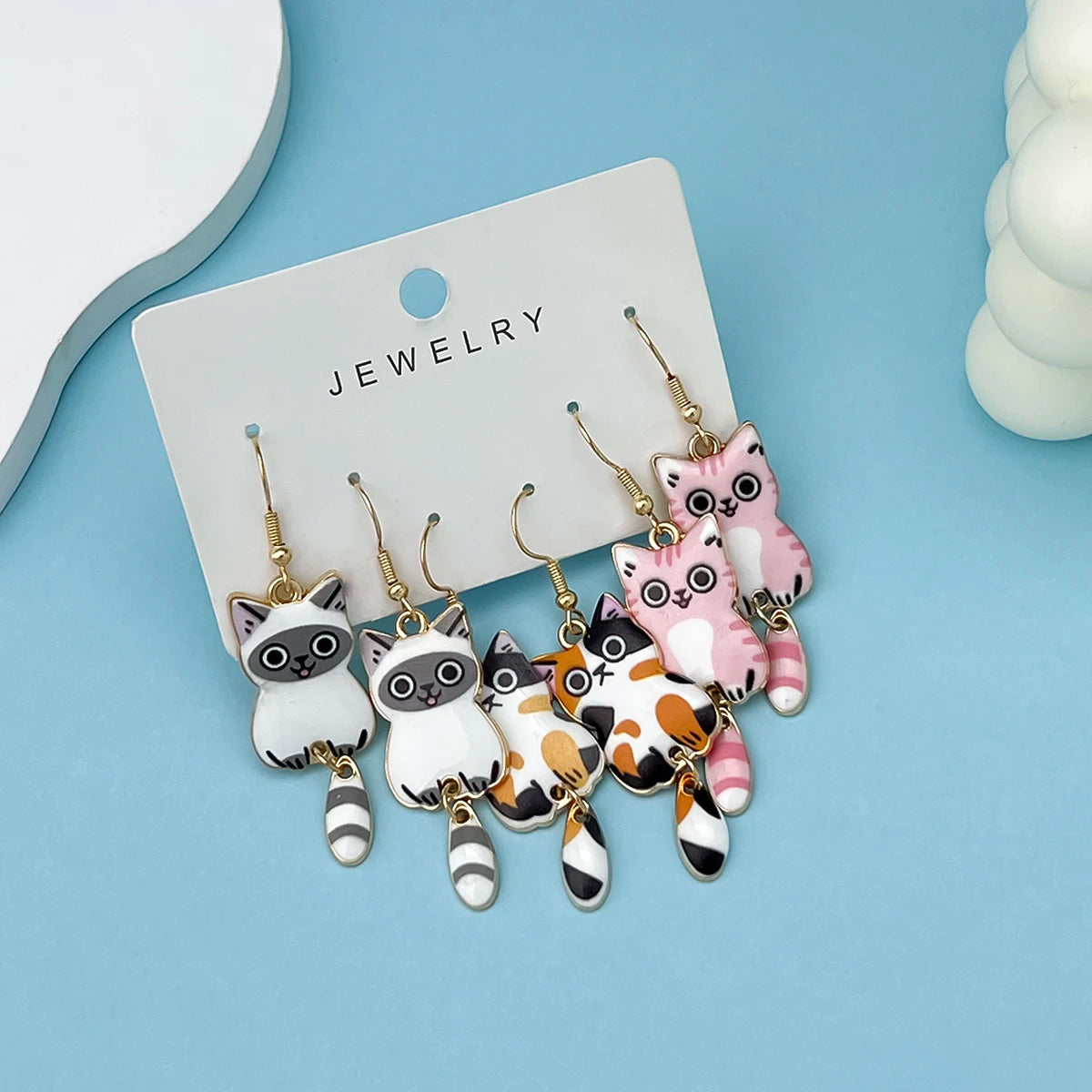 3 Pairs New Fun and Cute Enamel Alloy Hanging Tail Cat Dangle Earrings Colored Cat Ear Jewelry Set Lovely Gift For Women Girls