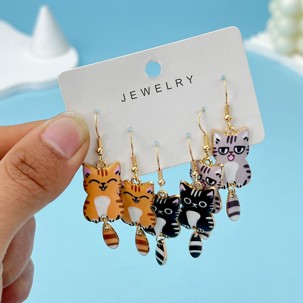 3 Pairs New Fun and Cute Enamel Alloy Hanging Tail Cat Dangle Earrings Colored Cat Ear Jewelry Set Lovely Gift For Women Girls