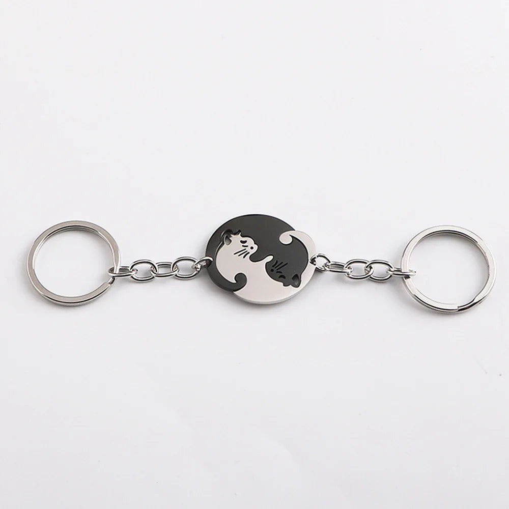 Heart-shaped Patchwork Love Cat Keychain Pendant Couple Key Chain Pendant Jewelry European and American Stainless Steel Keychain