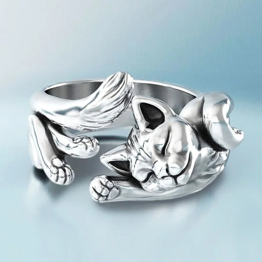 Cute Fortune Cat Shape Opening Rings For Women Silver Color Animal Delicate Finger Ring Girl Fashion Jewelry